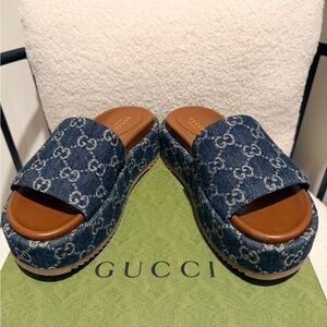 Gucci Denim Monogram Platform Slides